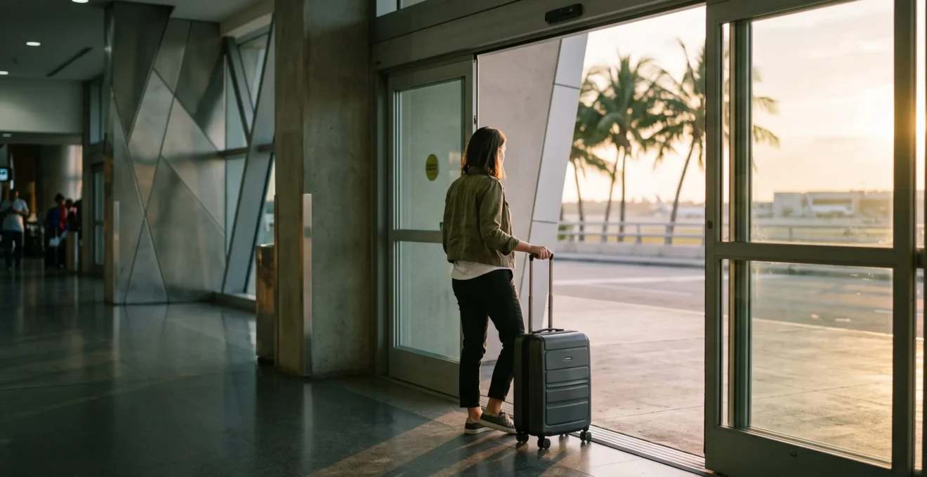 A traveler standing at the threshold of a tropical airport arrivals hall, symbolizing the choice between connecting immediately or waiting