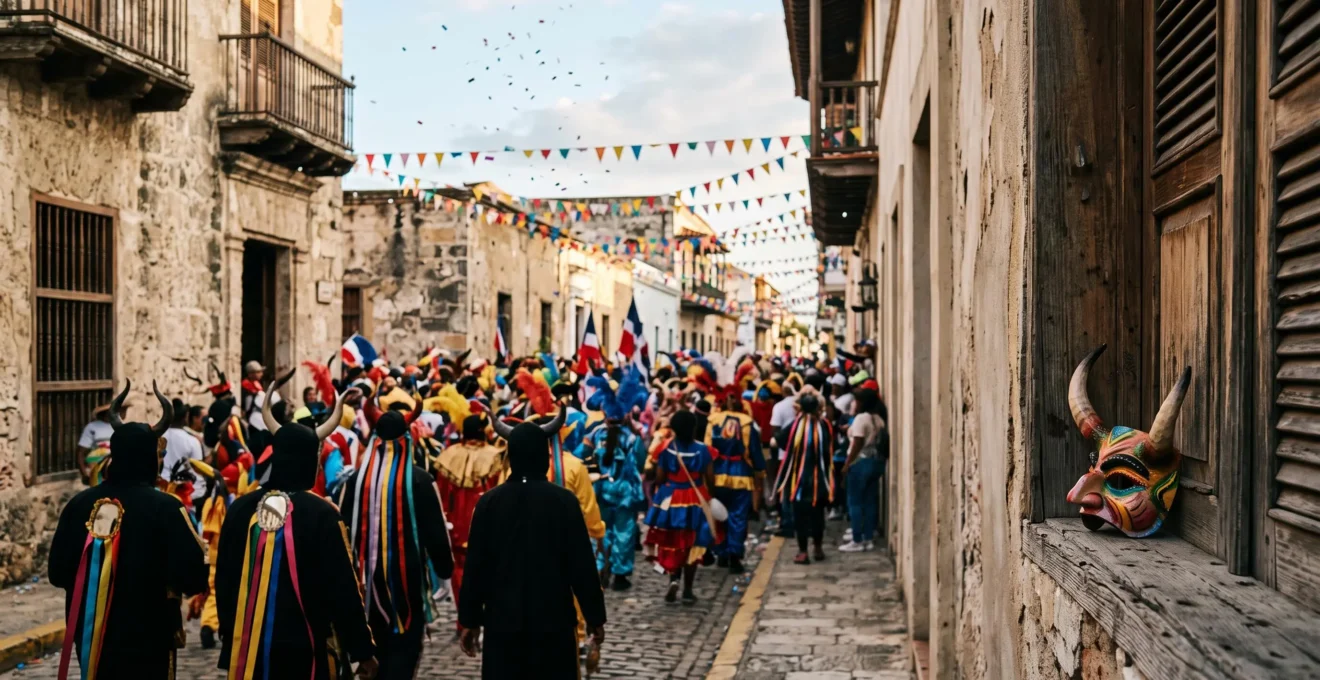 Wide editorial photograph capturing the vibrant, authentic energy of a Dominican Carnival street celebration