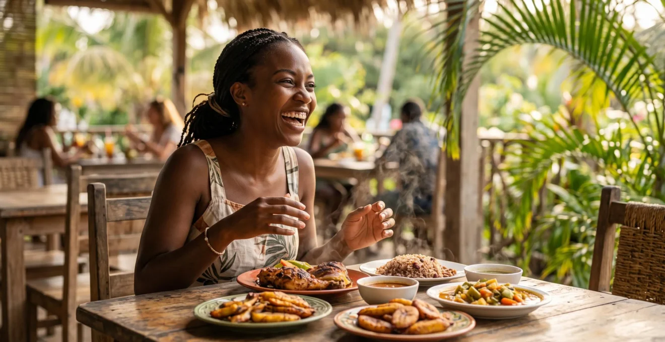 A traveler joyfully sharing a freshly cooked Dominican meal at a vibrant outdoor eatery, symbolizing safe enjoyment of authentic cuisine