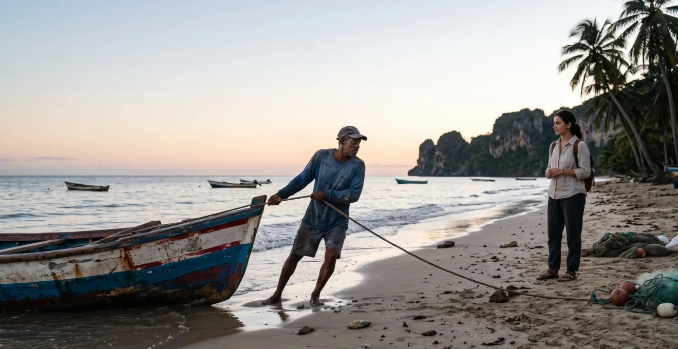 A local fisherman and a traveler share a quiet moment on a Dominican beach at dawn, far from resort crowds