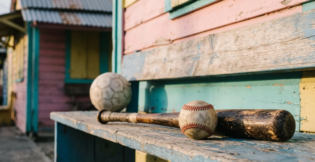 A worn leather baseball resting in warm golden light on a Caribbean street corner, symbolizing baseball's dominance over other sports in the Dominican Republic