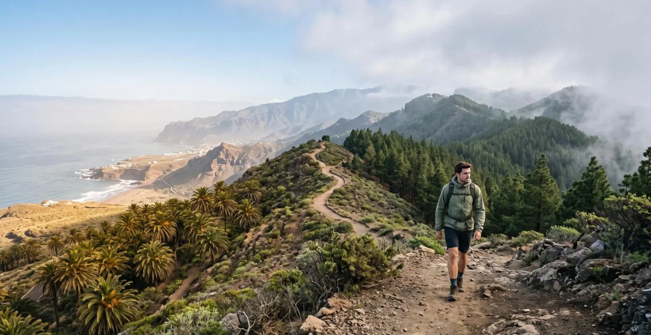 A traveller transitioning from a Caribbean beach to a misty pine-covered mountain trail in the Dominican Republic