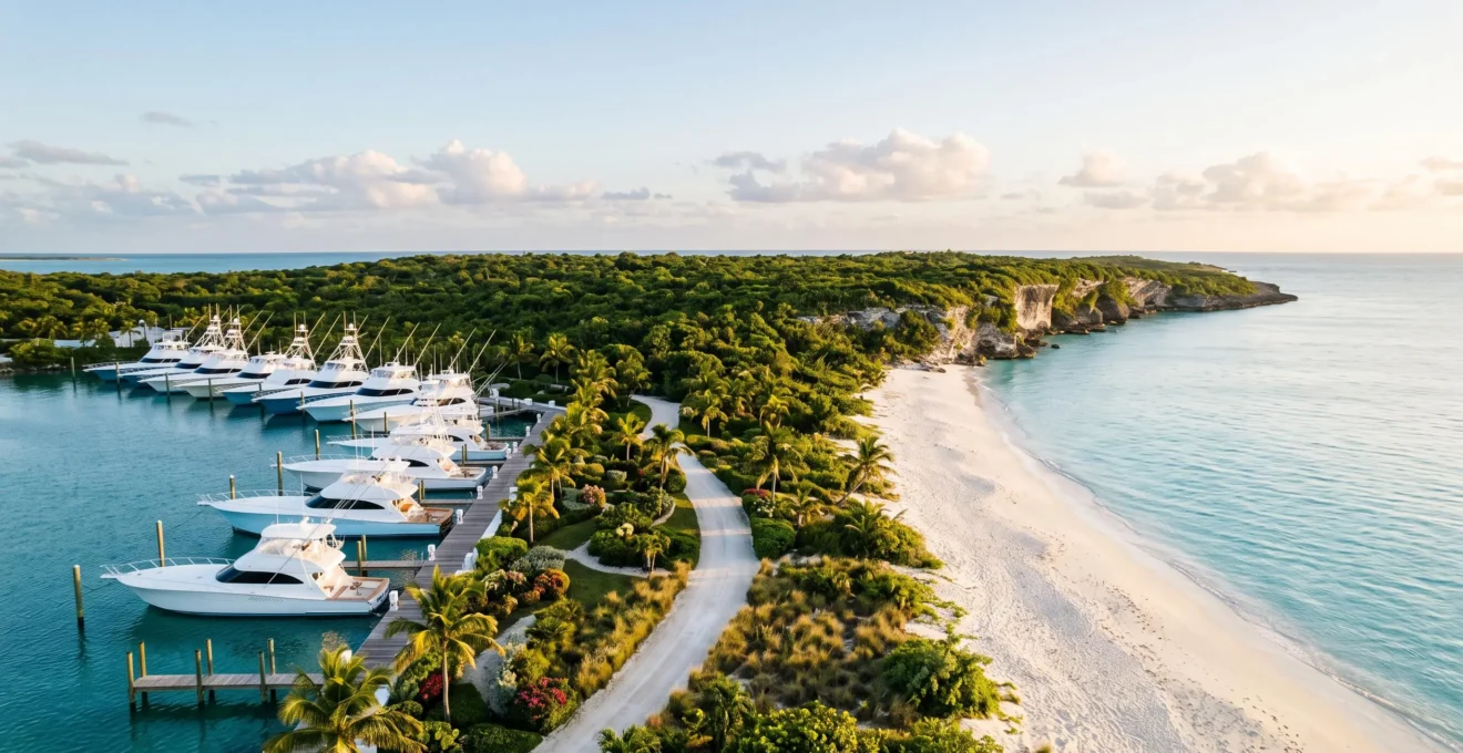 Aerial editorial view of a secluded Caribbean luxury peninsula with a marina and untouched beach, symbolizing exclusivity in the Dominican Republic