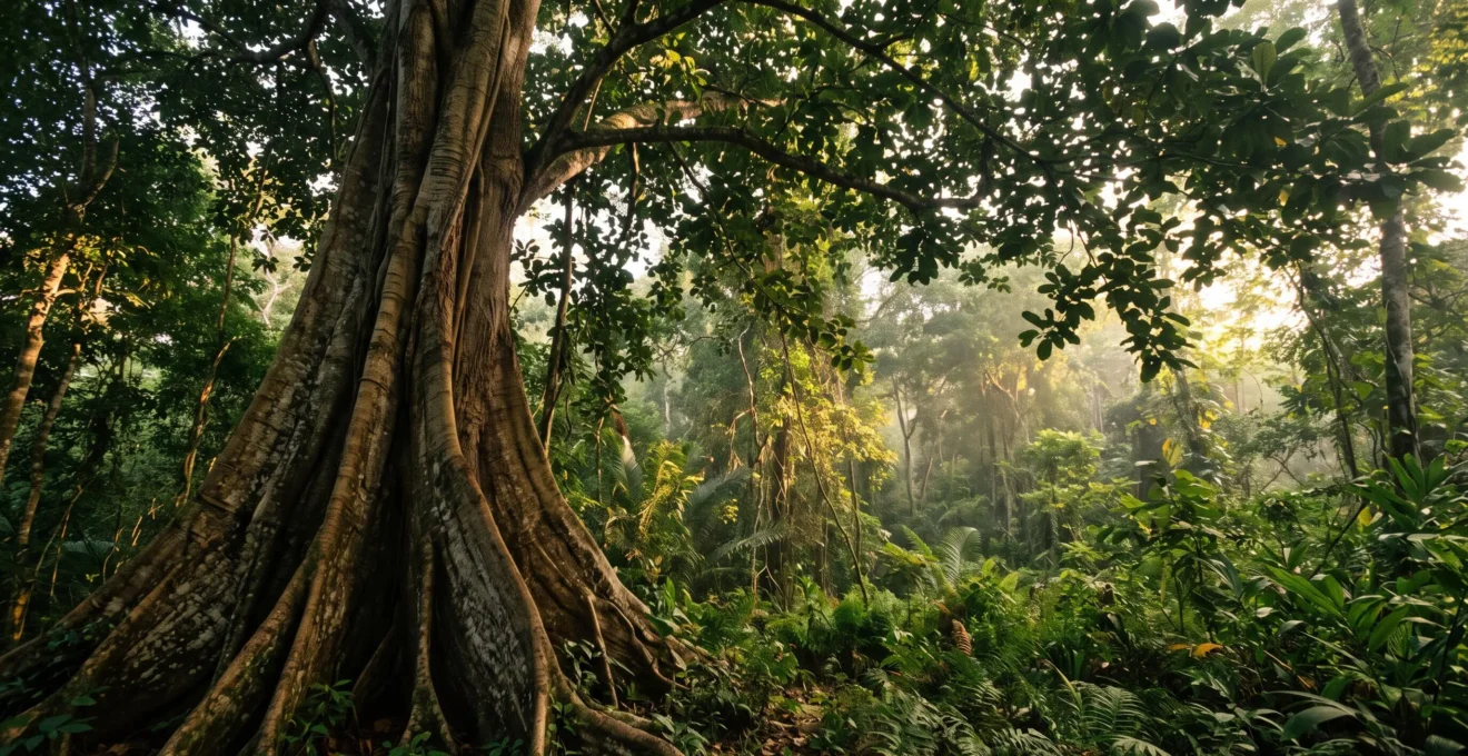 Centuries-old mahogany tree towering in a Dominican Republic rainforest canopy