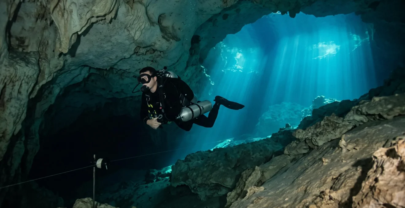 A scuba diver pausing at the sunlit threshold between an open limestone cavern and a dark cave passage in Bayahibe, Dominican Republic