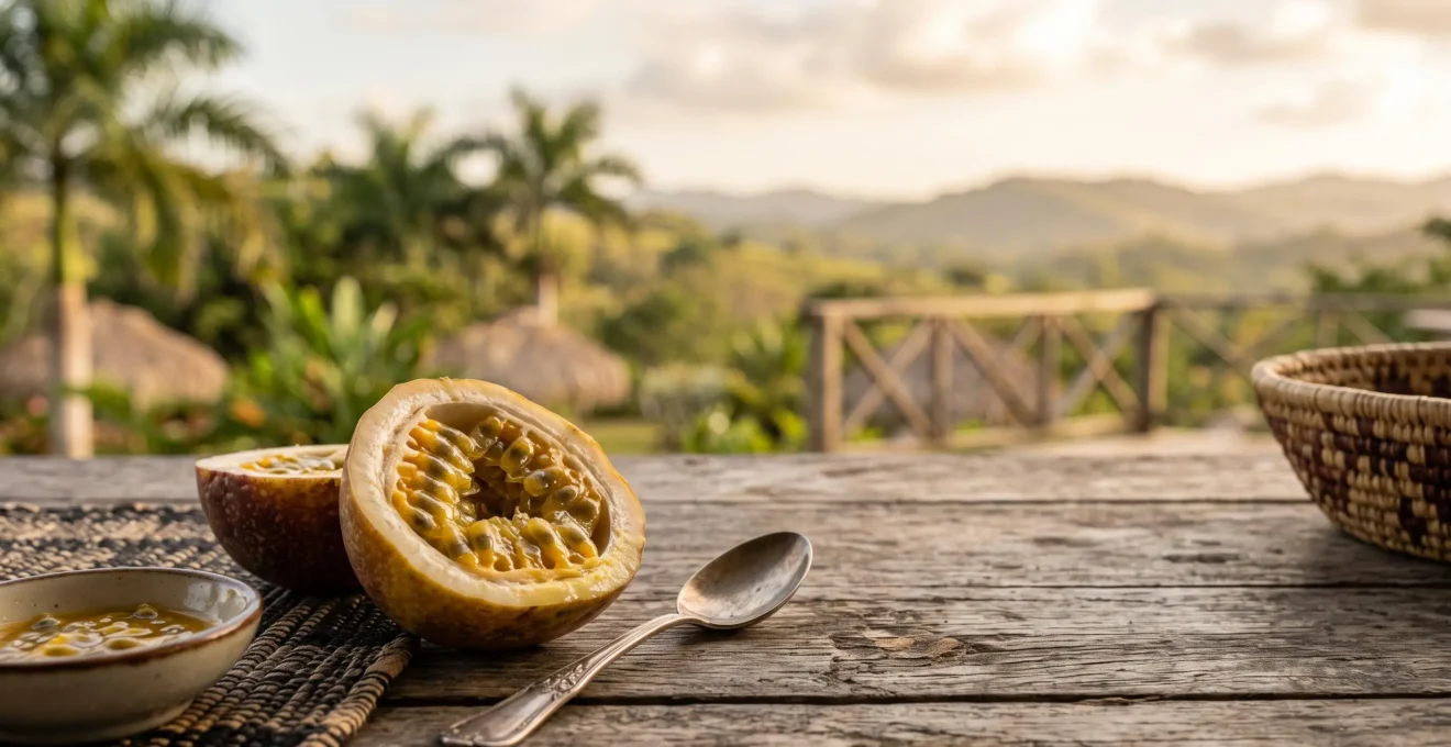 Freshly halved passion fruit chinola resting on a rustic wooden table with a blurred tropical Dominican landscape in the background