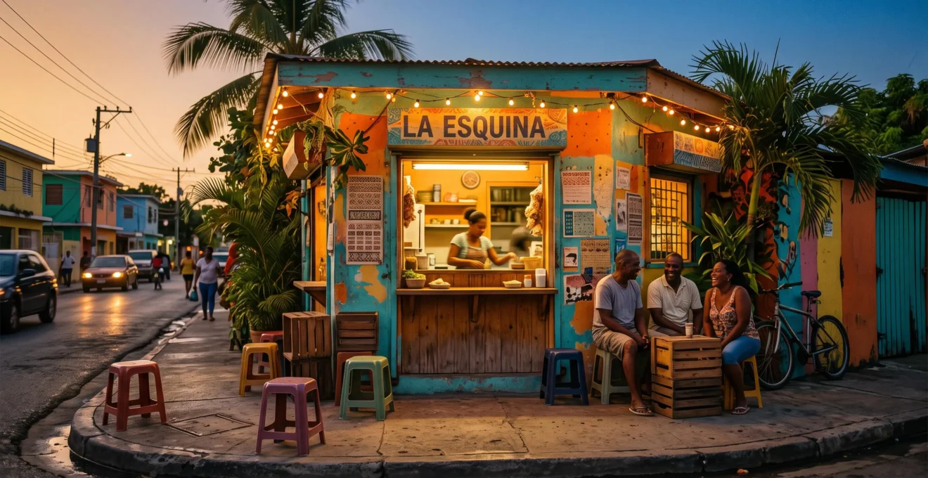 A warmly lit Dominican corner store at dusk with plastic chairs and crates outside, symbolizing community life beyond simple grocery shopping