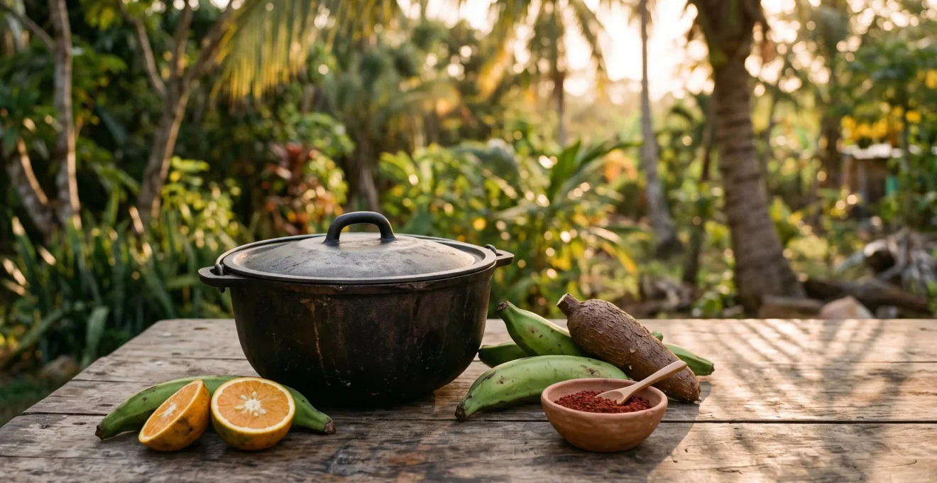 Editorial wide shot of a vibrant Dominican Creole meal setting blending Caribbean culinary heritage