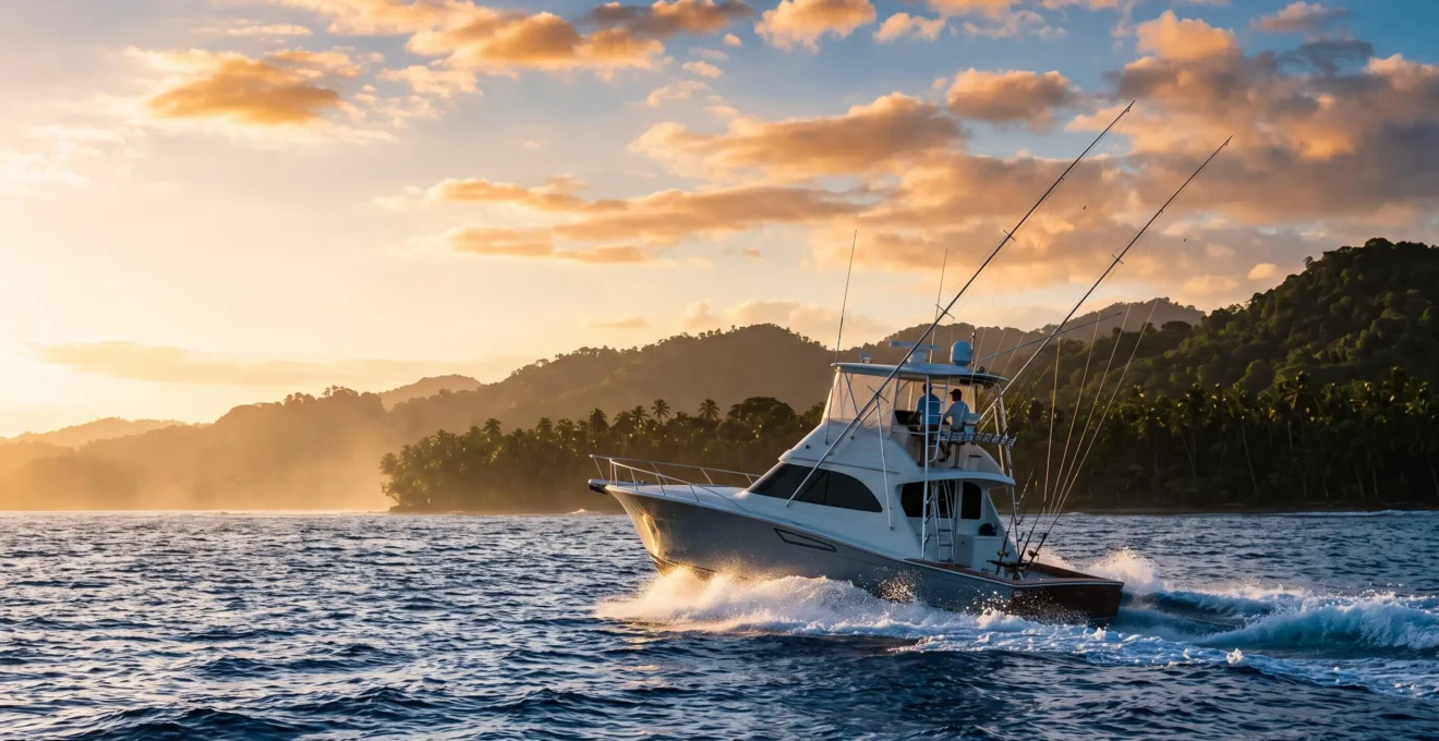 Sport-fishing charter boat trolling for marlin and mahi-mahi off the Dominican coast at sunrise