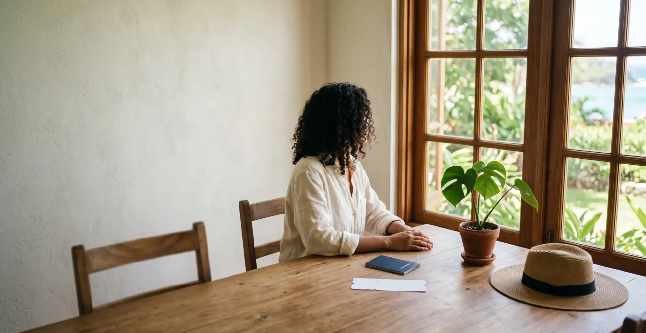 Traveler calmly preparing tropical travel documents by a sunlit window before a Dominican Republic trip