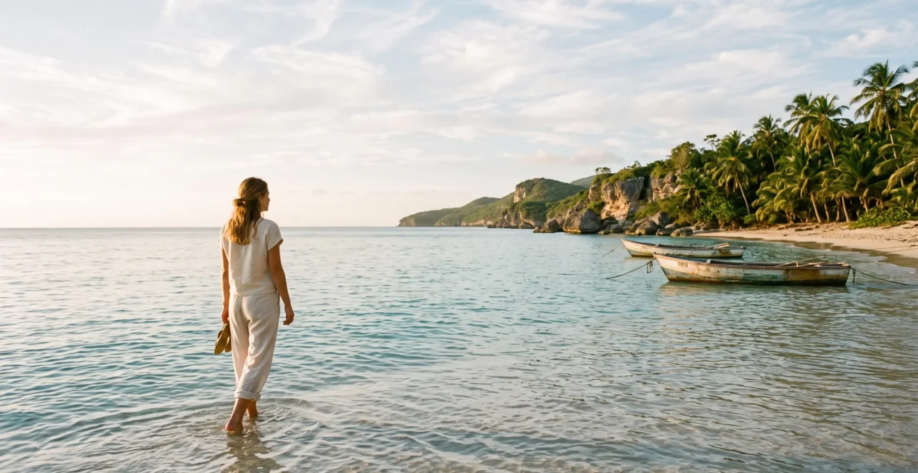 A person standing barefoot at the edge of a calm turquoise Caribbean shoreline at golden hour, arms relaxed, facing the horizon in quiet contemplation