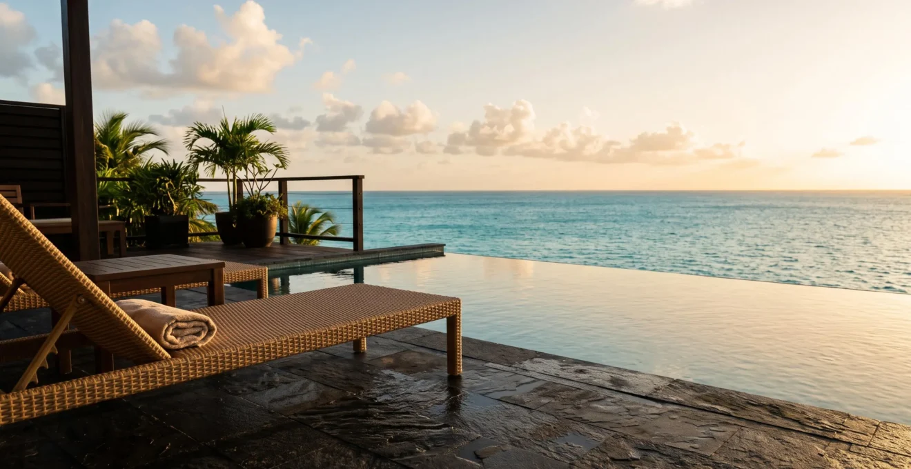 A tranquil Caribbean luxury resort terrace overlooking turquoise water, symbolizing the tension between genuine value and branded prestige