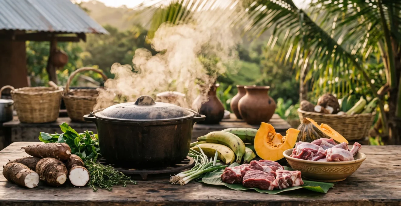 A steaming pot of Dominican stew surrounded by tropical root vegetables and Caribbean textures, symbolizing the island's culinary heritage