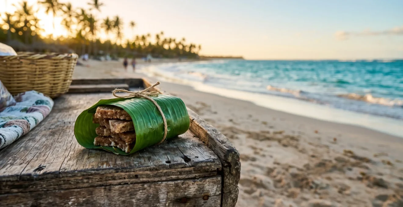 Handmade Dominican coconut candy wrapped in a fresh green banana leaf resting on white sand at sunset