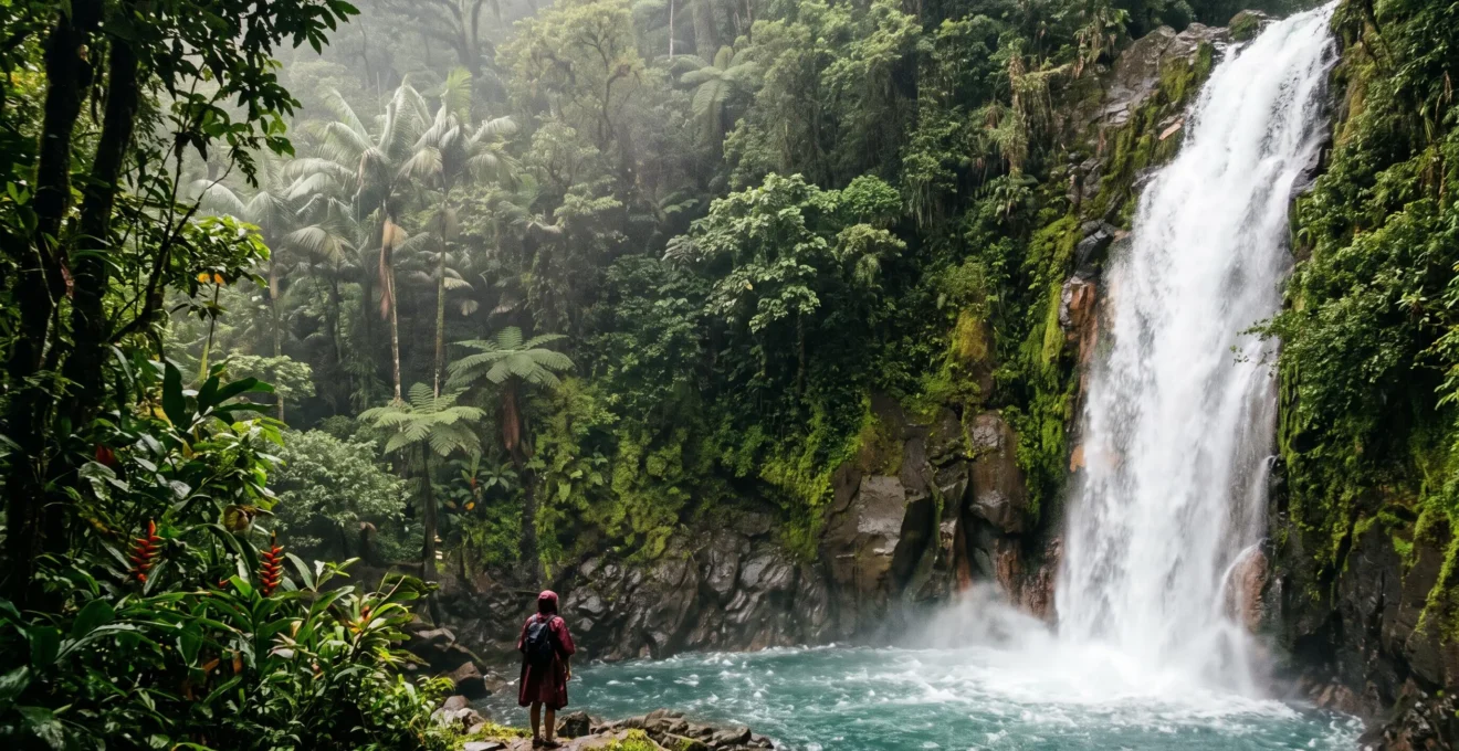Wide editorial photograph of El Limon waterfall in the Dominican Republic cascading at full flow through lush tropical forest