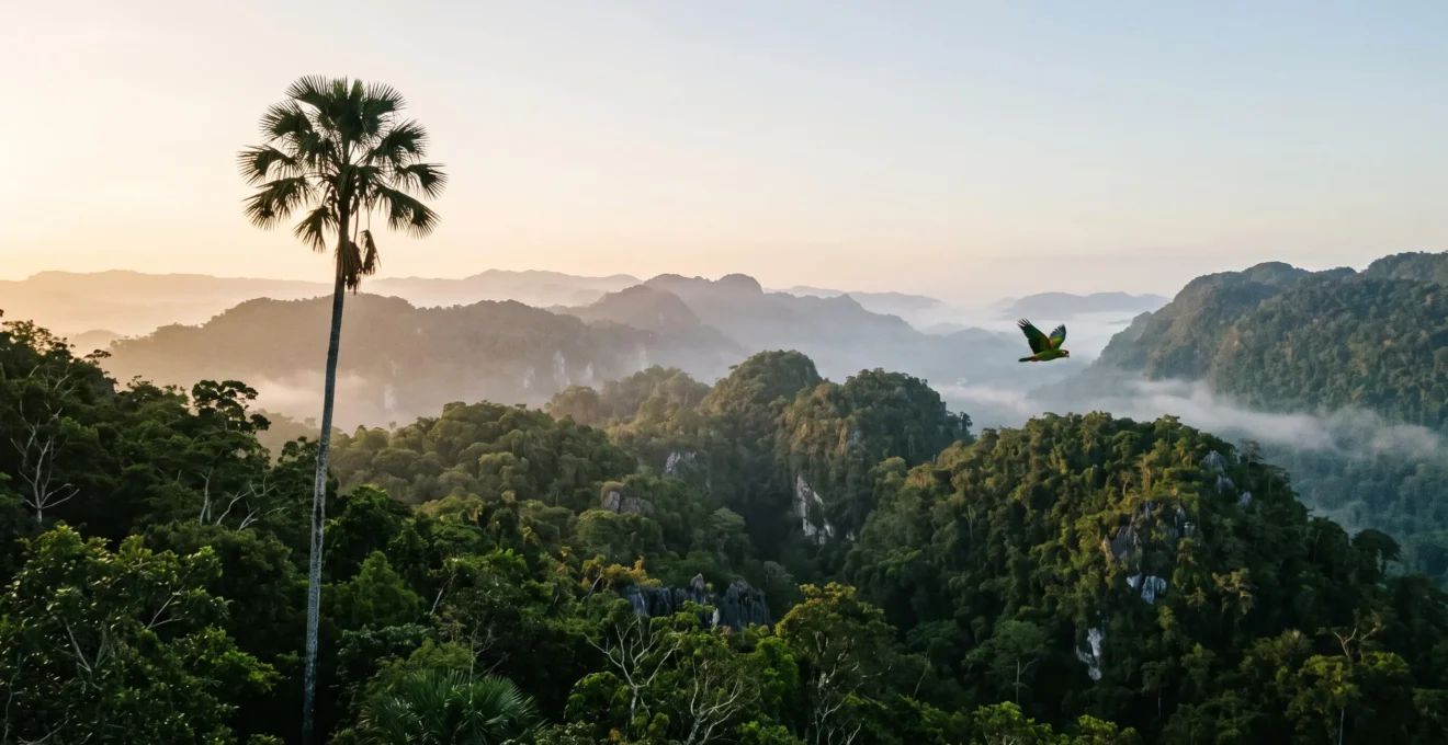 A misty mountain rainforest canopy in Hispaniola at dawn, symbolizing the hidden biodiversity beyond the beach resorts