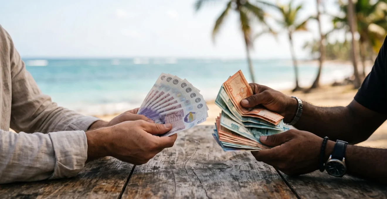 Traveler comparing British pound notes and Dominican peso banknotes on a rustic wooden table with a Caribbean beach in the background