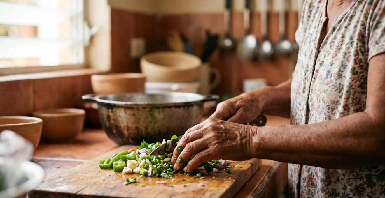 Close-up of hands preparing a fresh Dominican sofrito base with peppers, onions, garlic and herbs on a wooden cutting board