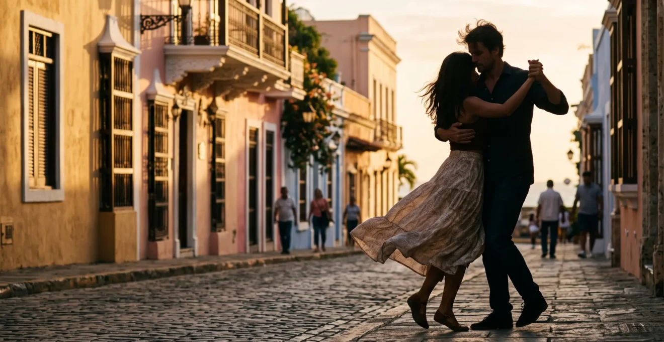 Silhouette of a couple dancing bachata in close embrace on a colonial street in Santo Domingo at golden hour
