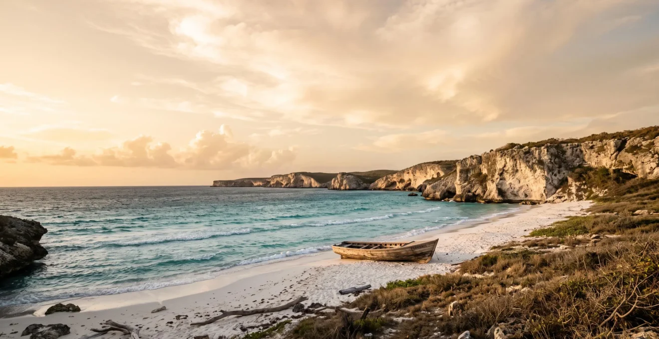Wide editorial shot of an isolated, pristine Dominican coastline with karst cliffs and turquoise water, empty of tourist infrastructure