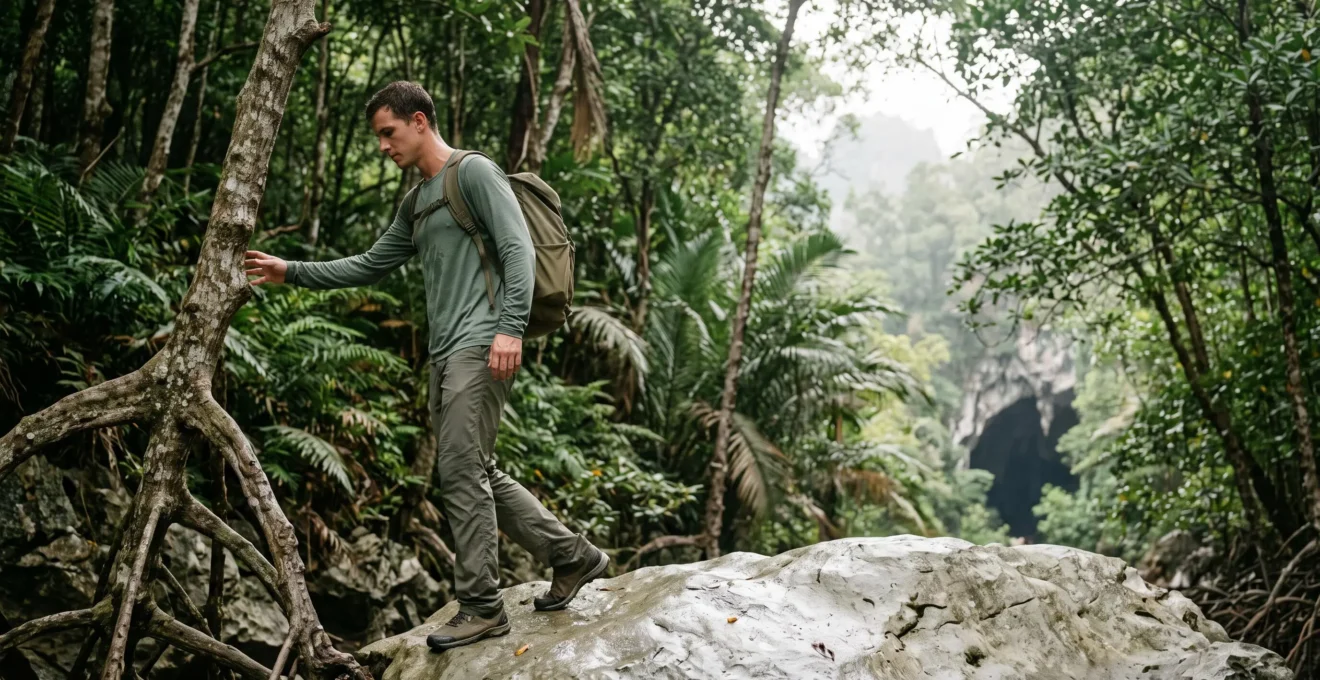 A hiker carefully balancing on wet limestone rock beside dense mangrove roots in a humid tropical forest, representing the physical demands of Los Haitises trails