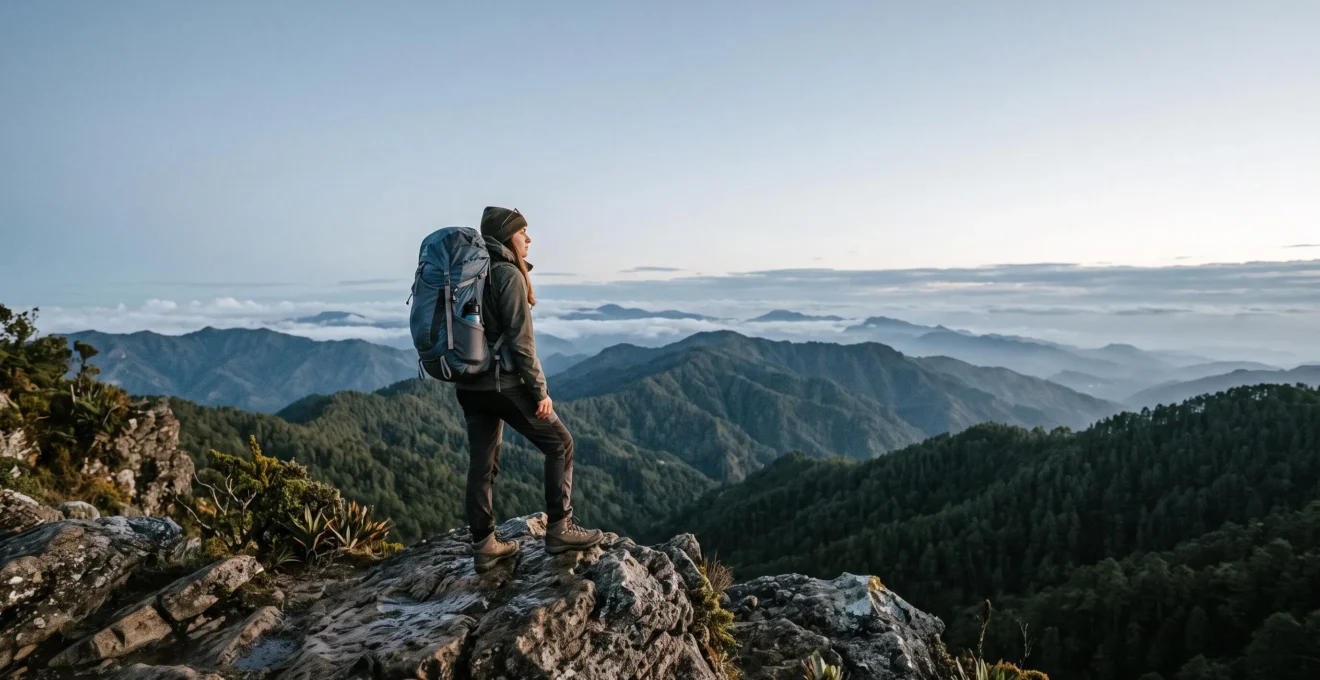 Lone hiker with backpack standing on a rocky ridge overlooking pine-covered mountains at dawn in the Dominican Republic's highest peak region