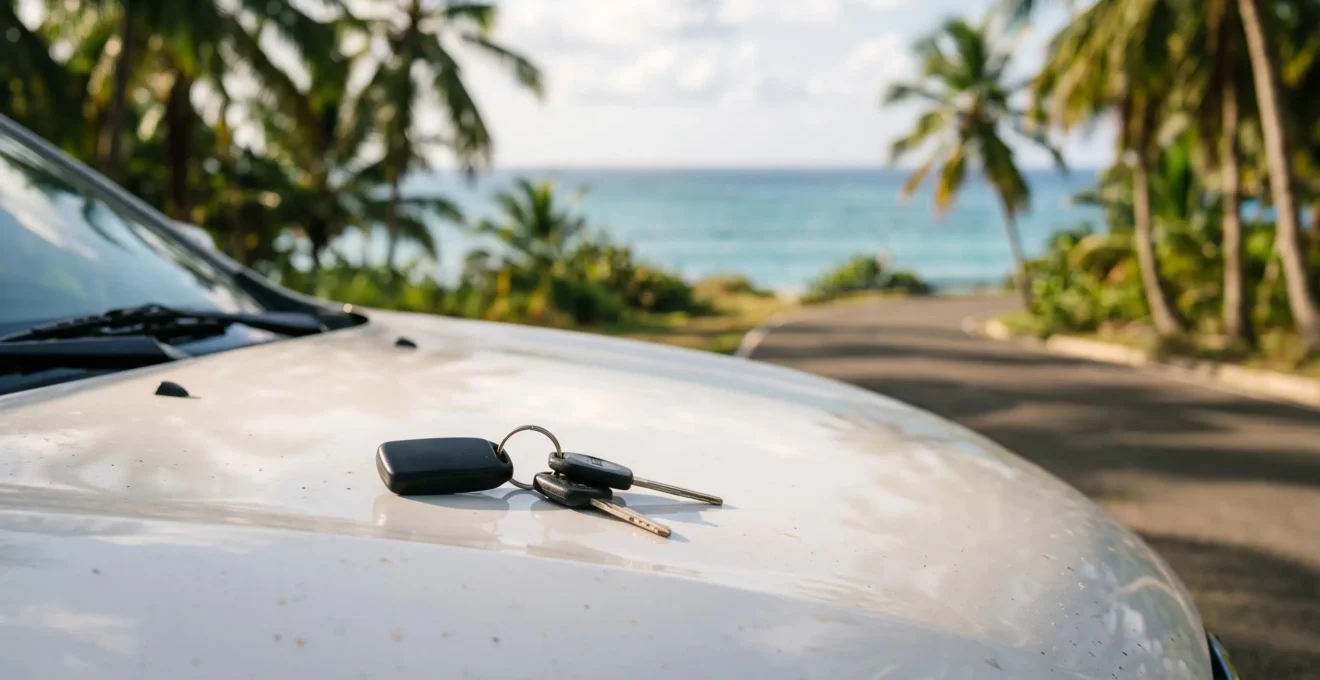 A rental car parked on a sunlit Caribbean road in the Dominican Republic, symbolizing the legal insurance requirement for driving.