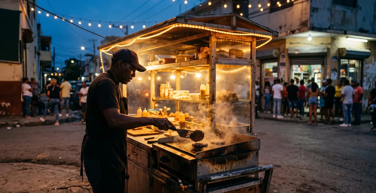 A bustling Dominican chimichurri stand lit up at night with a vendor grilling burgers on a flat-top griddle