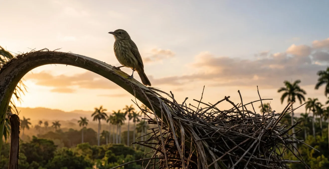 A Palmchat perched among royal palm fronds in a lush Dominican landscape at golden hour