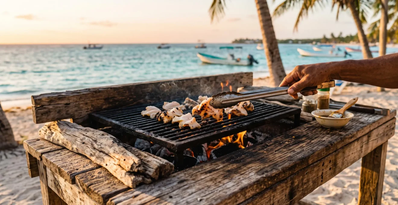 Freshly grilled conch meat searing with visible grill marks at a rustic Caribbean beachside grill station at golden hour