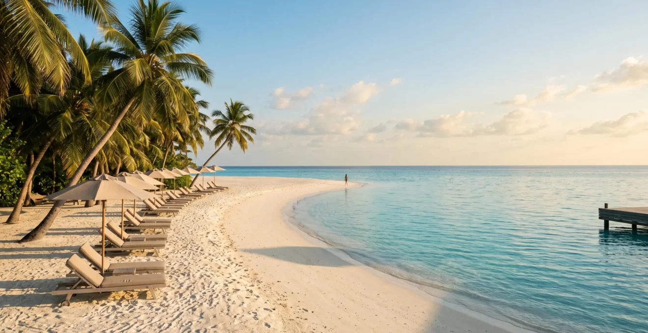 Wide editorial view of an exclusive private Caribbean beach with turquoise water, white sand and palm trees