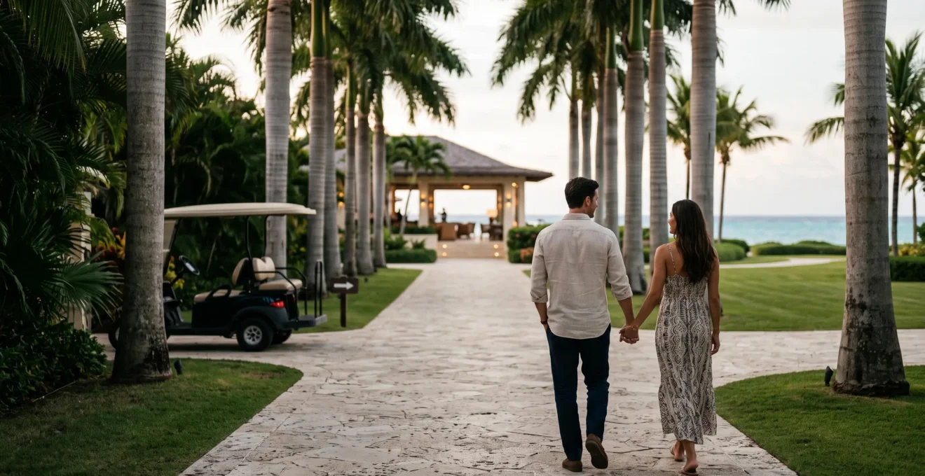 Elegant tropical estate walkway at golden hour symbolizing exclusive Caribbean resort living