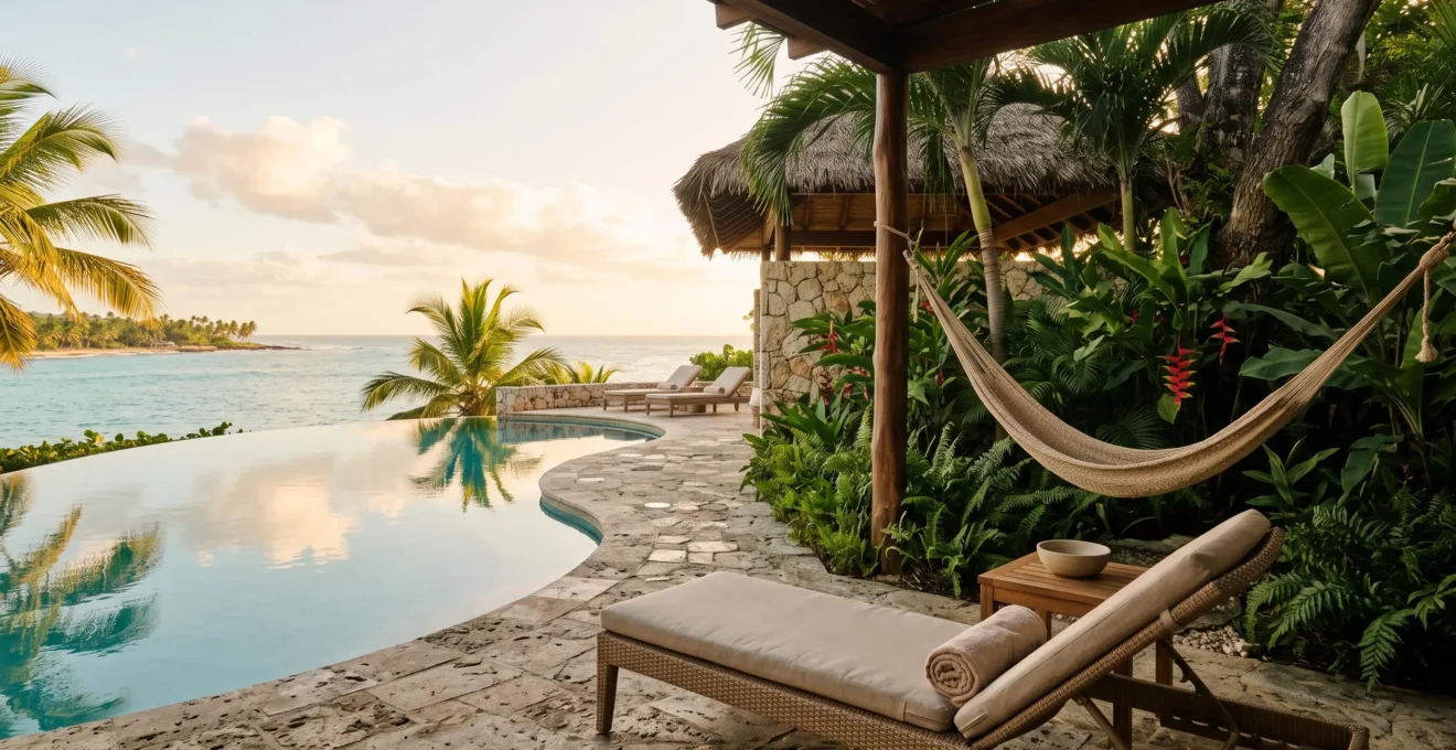 A tranquil Caribbean resort scene showing the choice between a lively pool area and a quiet garden retreat, symbolizing different relaxation styles in Punta Cana