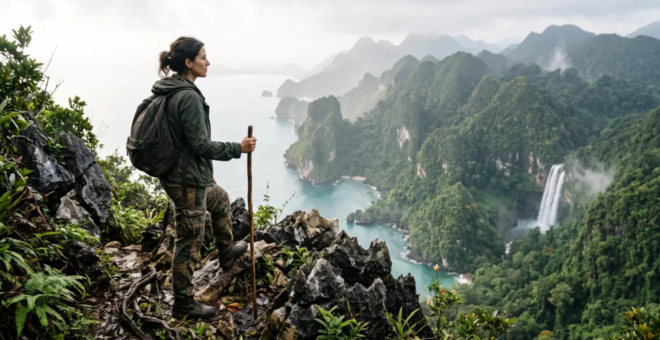 A solo adventurer standing at the edge of a jungle-covered cliff overlooking Samana's mountainous coastline at dawn