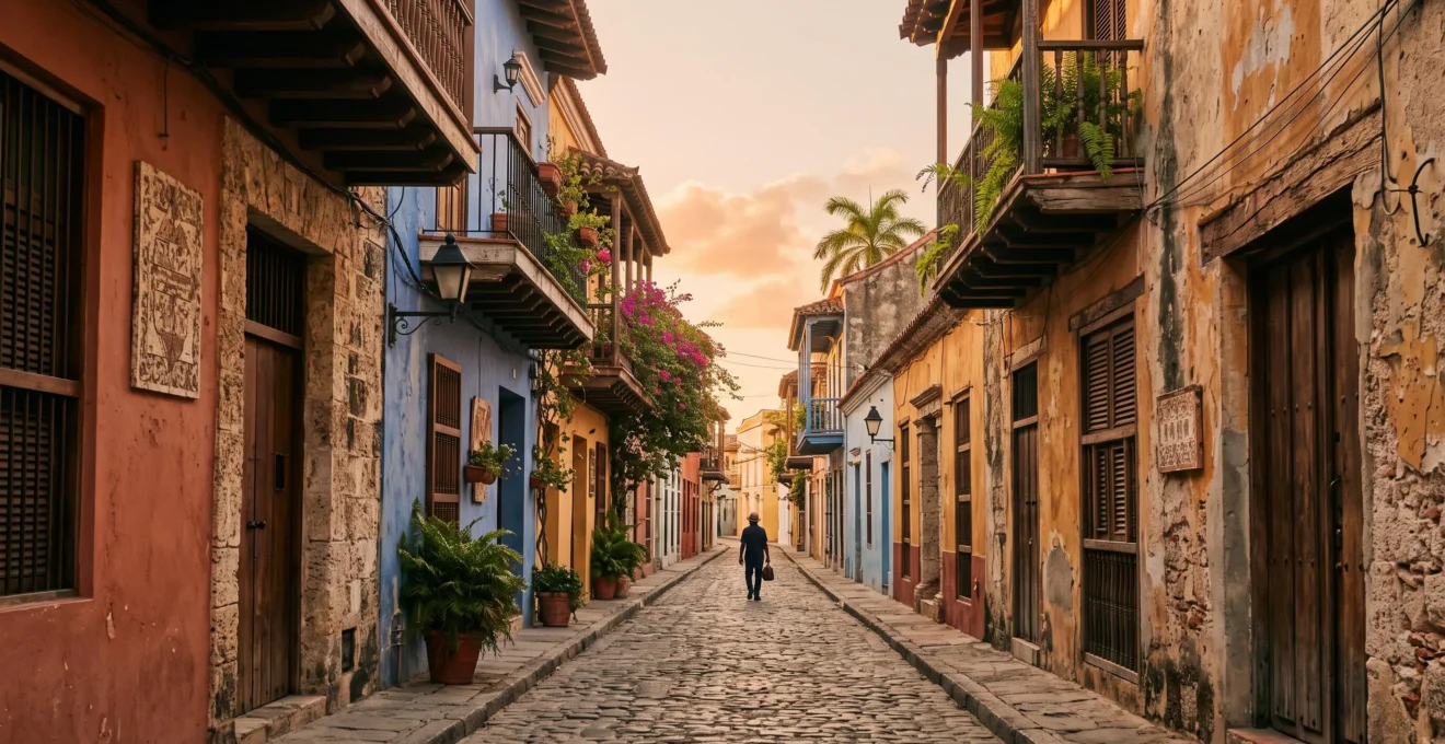 A quiet cobblestone alley in Santo Domingo's historic district bathed in warm evening light, evoking discovery beyond the main tourist route
