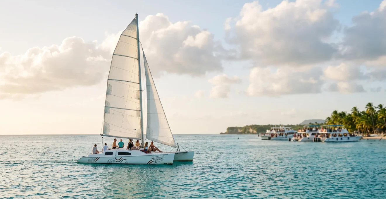 A small, uncrowded catamaran sailing peacefully across turquoise Caribbean waters, with a distant cluster of larger tour boats in the background.