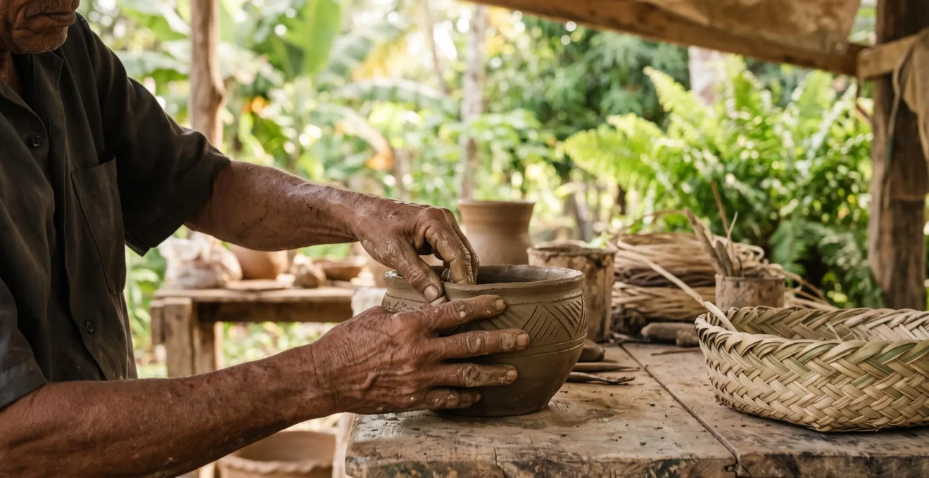Close-up of weathered artisan hands shaping wet clay beside a woven palm basket in a sunlit Dominican workshop