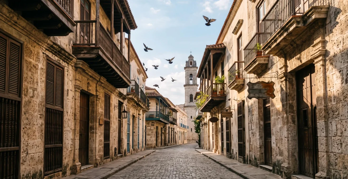 Golden-hour view of a Spanish colonial stone facade and cobblestone street in the historic Colonial City of Santo Domingo