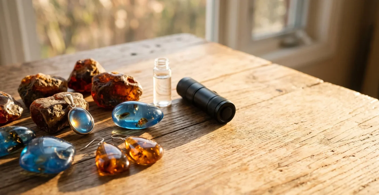 Close-up editorial photograph of raw and polished Dominican amber pieces being examined for authenticity